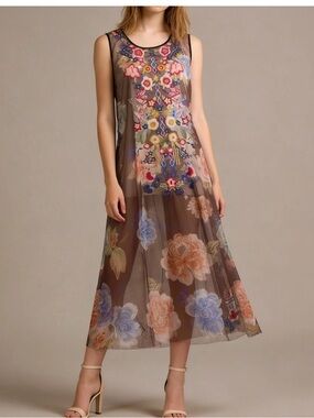 Johnny Was Biya Mesh Sleeveless Floral Embroidered Midi Dress Size XS